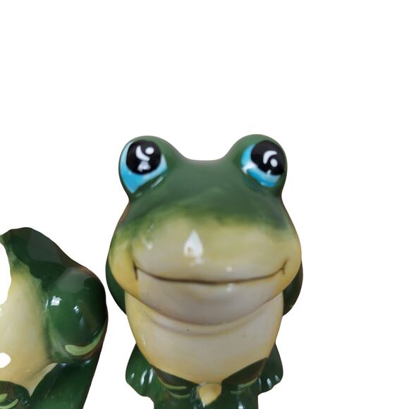 Frog Salt & Pepper Shakers Toad Ceramic Green Yellow White NEW - Picture 7 of 9